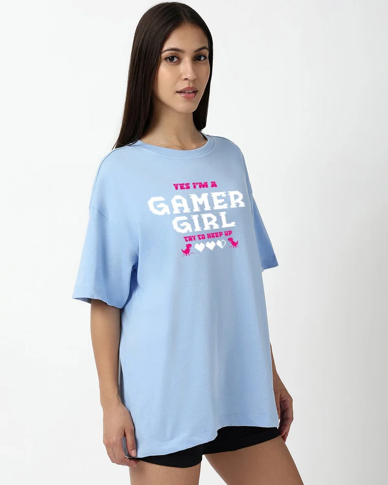 bewakoof Women's Sky Blue Gamer Girl Typography Oversized T-shirt